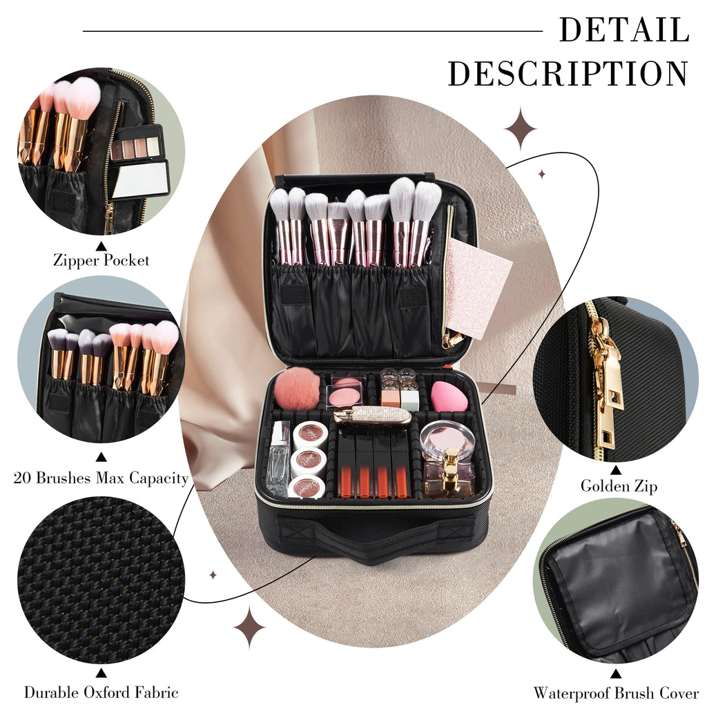 Cosmetic Case Makeup Bag Vanity Travel Beauty Box Make Up Train Case Hairdressing Tools Organiser with Adjustable Compartment