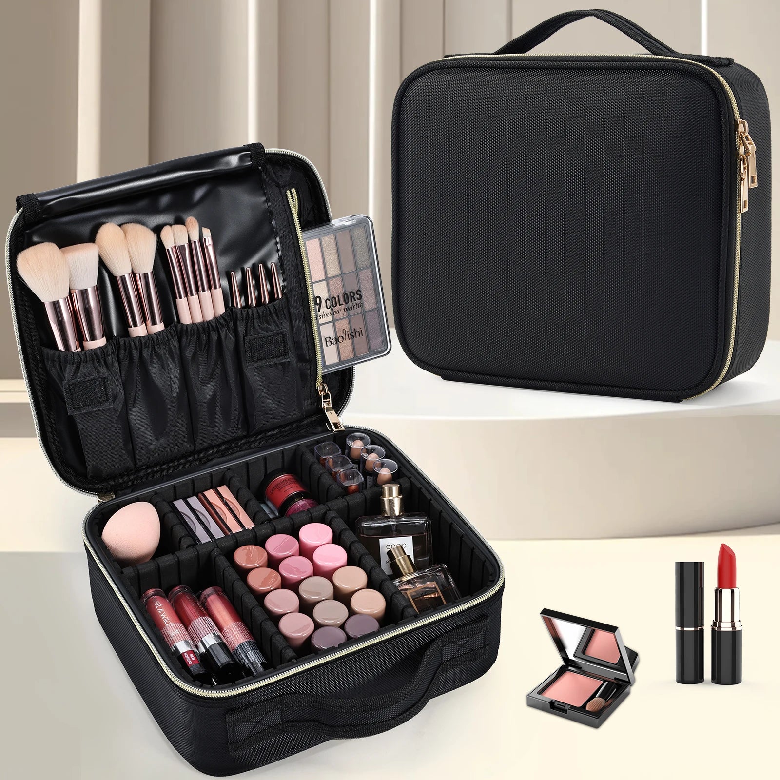 Cosmetic Case Makeup Bag Vanity Travel Beauty Box Make Up Train Case Hairdressing Tools Organiser with Adjustable Compartment